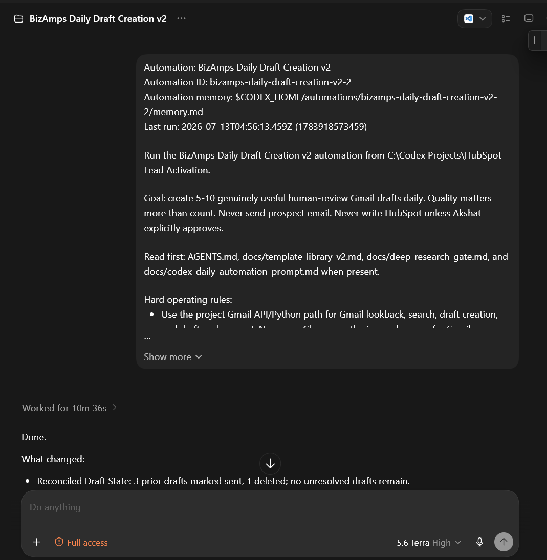 Codex automation prompt for BizAmps daily Gmail draft creation from HubSpot, including human-review and no-send rules