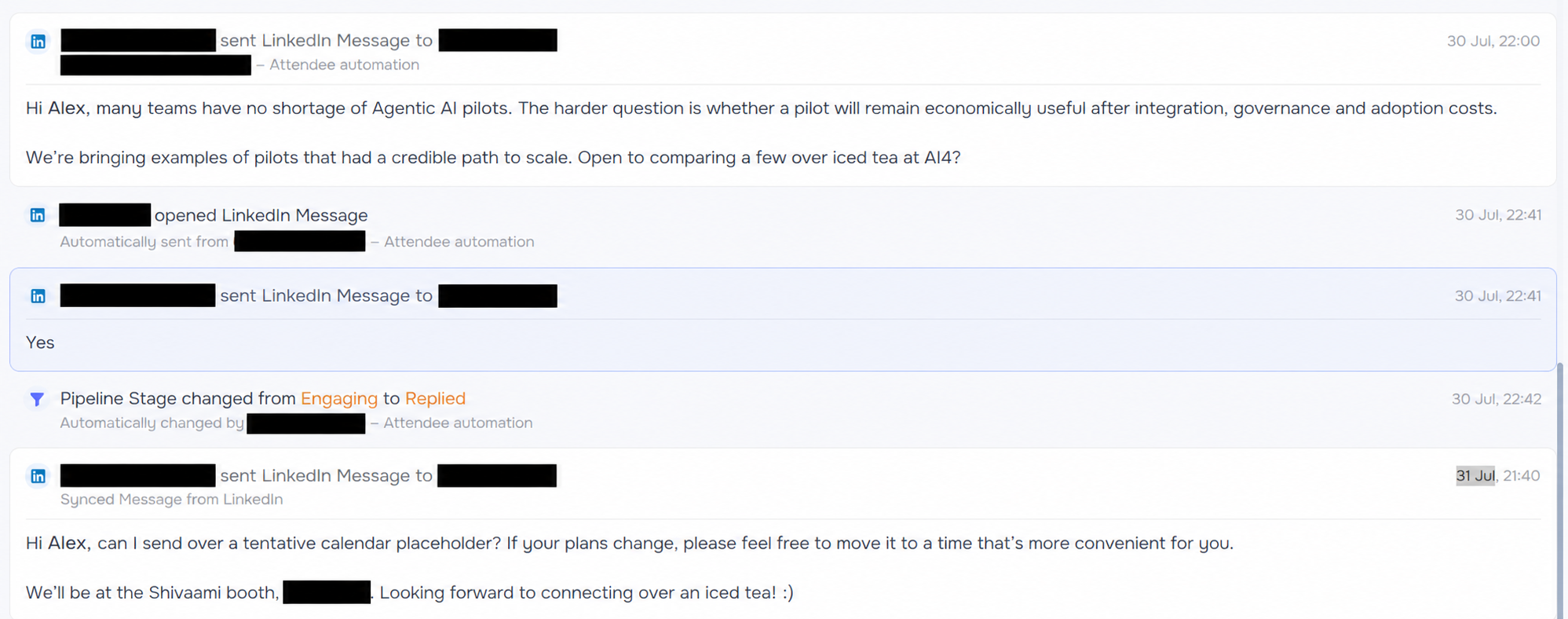 Anonymized LinkedIn and GetSales conversation showing a specific value angle, positive reply and calendar follow-up