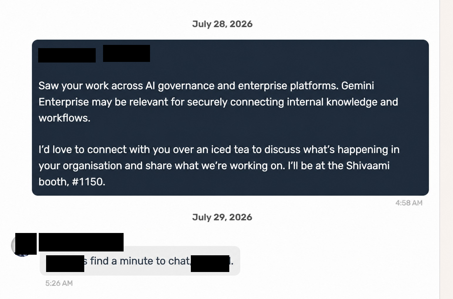 Redacted AI4 app conversation in which a senior enterprise prospect agrees to find time to meet