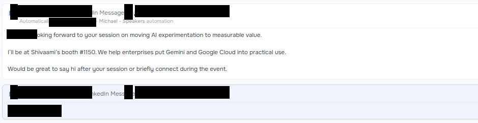 Redacted LinkedIn reply from a senior AI prospect confirming interest in meeting at AI4